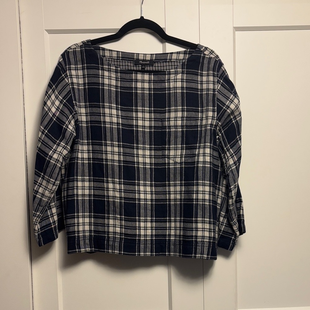 Navy and White Plaid Top
